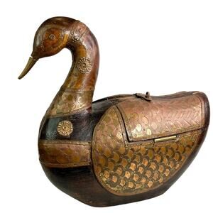 MCM Indian Brass-clad Duck box, hand-carved with repoussé brass copper overlay.